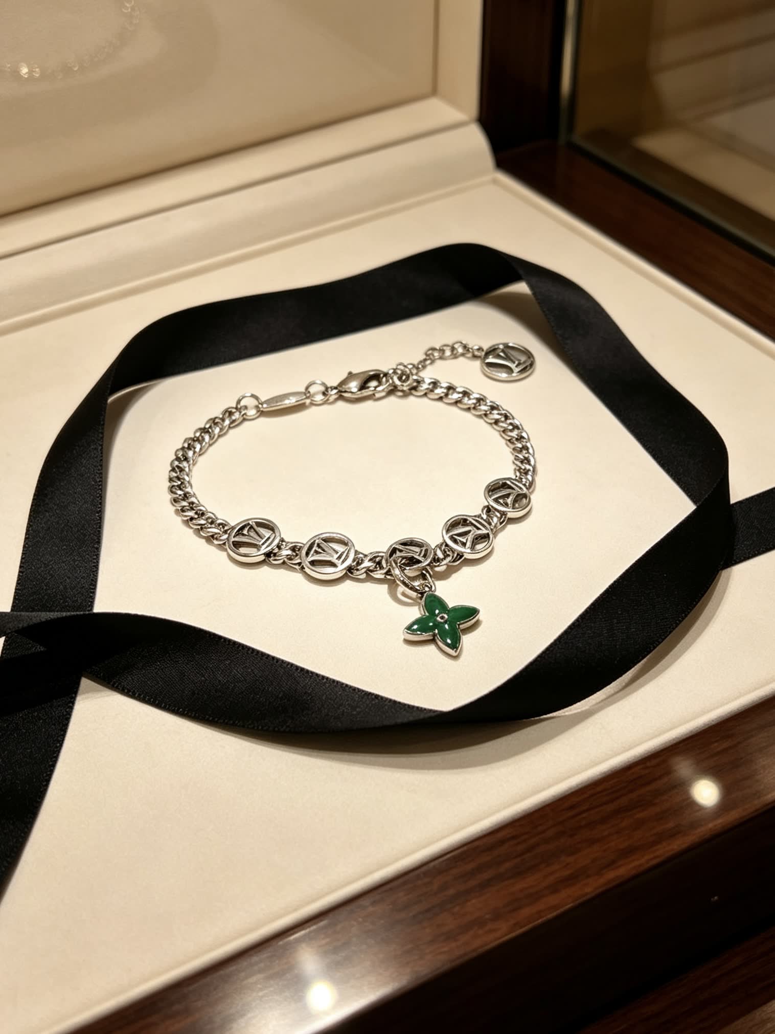 Louis Vuitton Silver Bracelet with Green Enamel Flower
